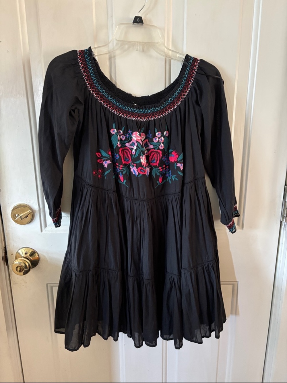 Free People Black Peasant Dress with Pink & Teal Floral Embroidery